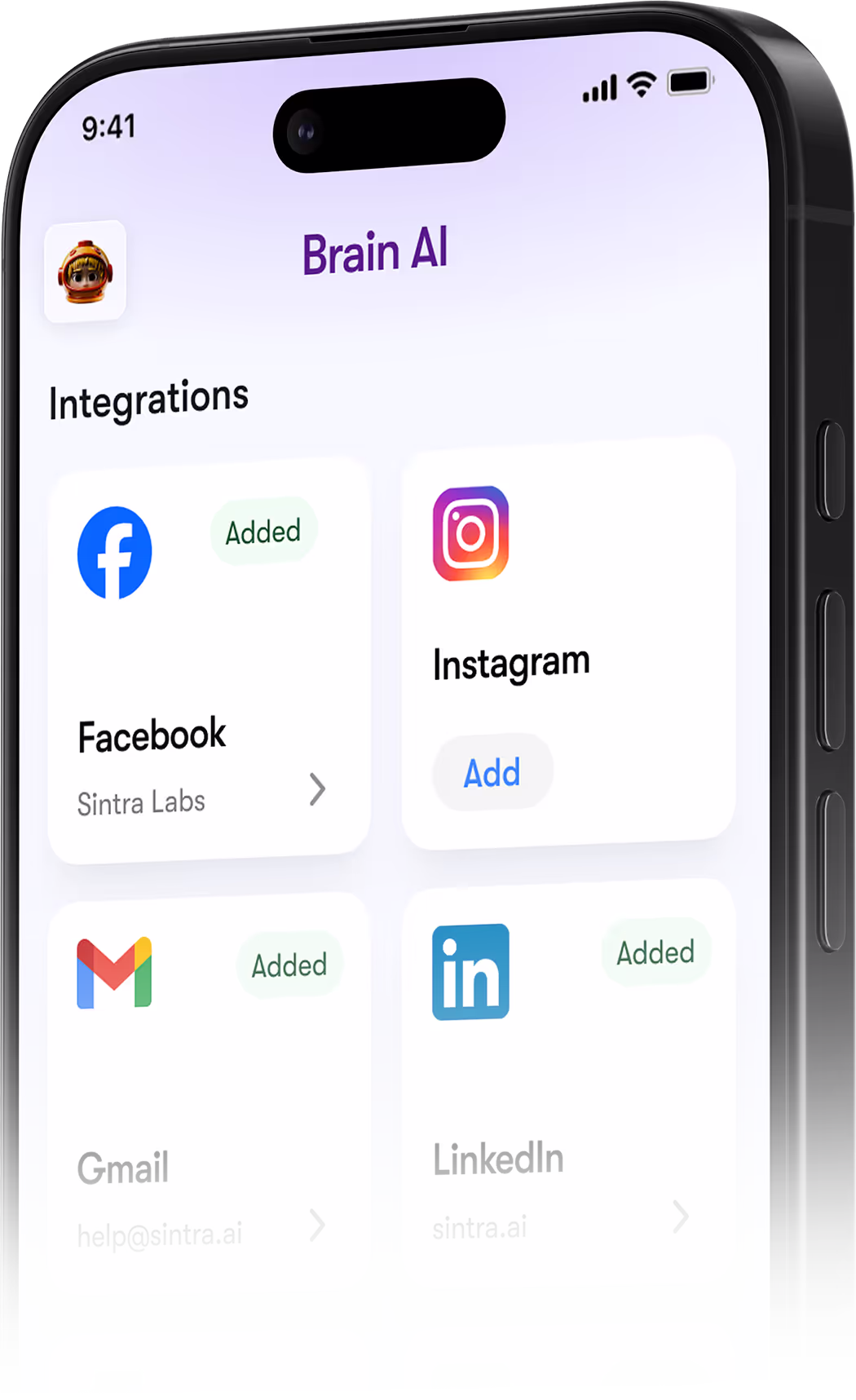 Mobile app integrations screen